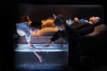 fot. Dorota Awiorko / [Na pierwszym planie dwie kobiety zanurzające dłonie w podświetlonym akwarium. Za nimi kanapa, na której leży mężczyzna z gołymi nogami.]